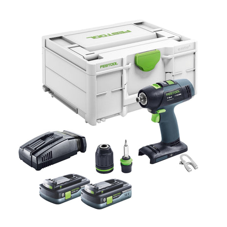 Festool T 18+3 Basic akumulatorowa wiertarko-wkrętarka 18 V 50 Nm bezszczotkowa + 2x akumulator 4,0 Ah + szybka ładowarka + systainer