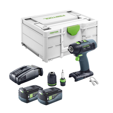 Festool T 18+3 Basic perceuse-visseuse sans fil 18 V 50 Nm sans balais + 2 batteries 5,0 Ah + chargeur rapide + systainer