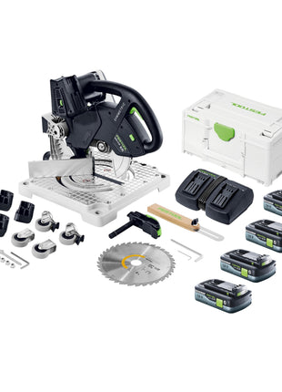 Festool SYMC 70 EB-Basic SYMMETRIC Akku Leistensäge 36 V ( 2 x 18 V ) 216 mm + 4x Akku 4,0 Ah + Doppelladegerät + Systainer