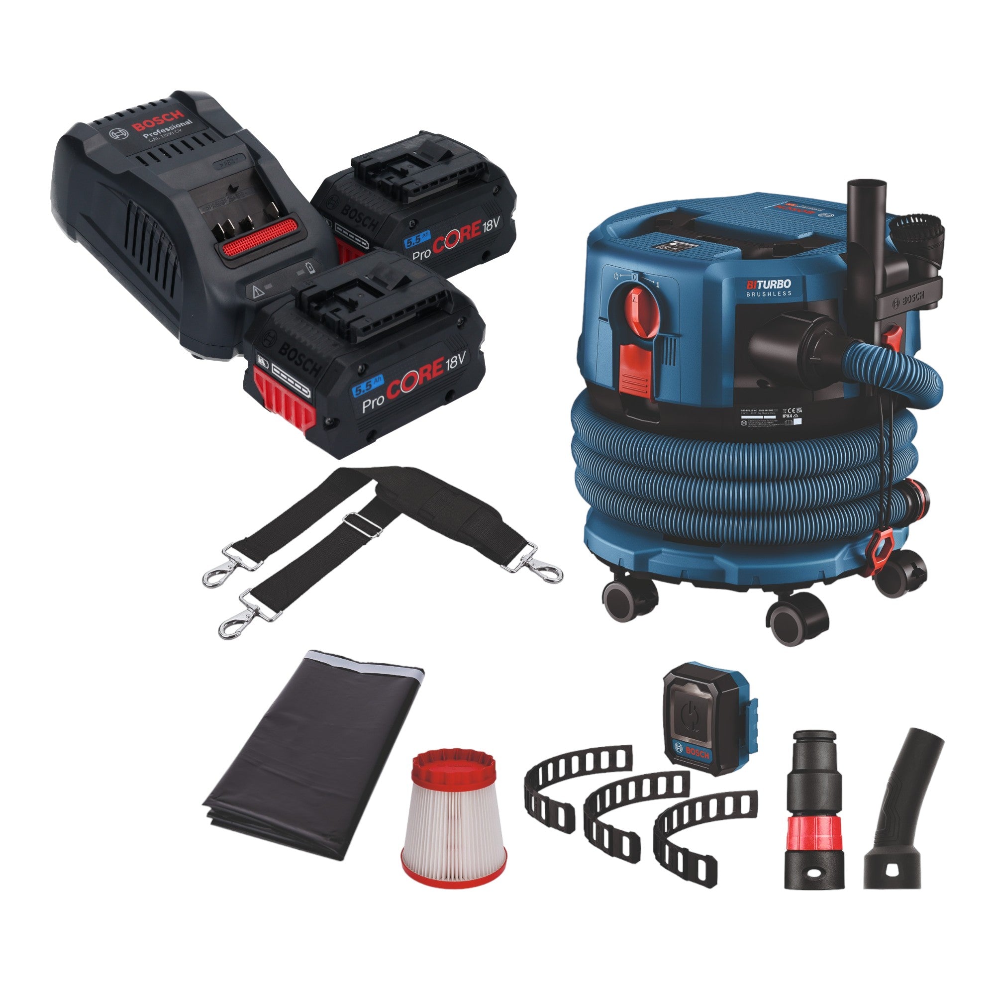 Bosch GAS 18V 12 MC Professional Akku Staubsauger BITURBO Brushless 2x ProCore Akku 5 5 Ah Schnellladegeraet Zubehoer 0 - toolbrothers