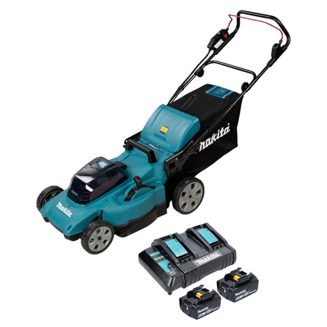 Makita DLM 480 CT2 Akku Rasenmäher 36 V ( 2x 18 V ) 48 cm 62 l + 2x Akku 5,0 Ah + Ladegerät