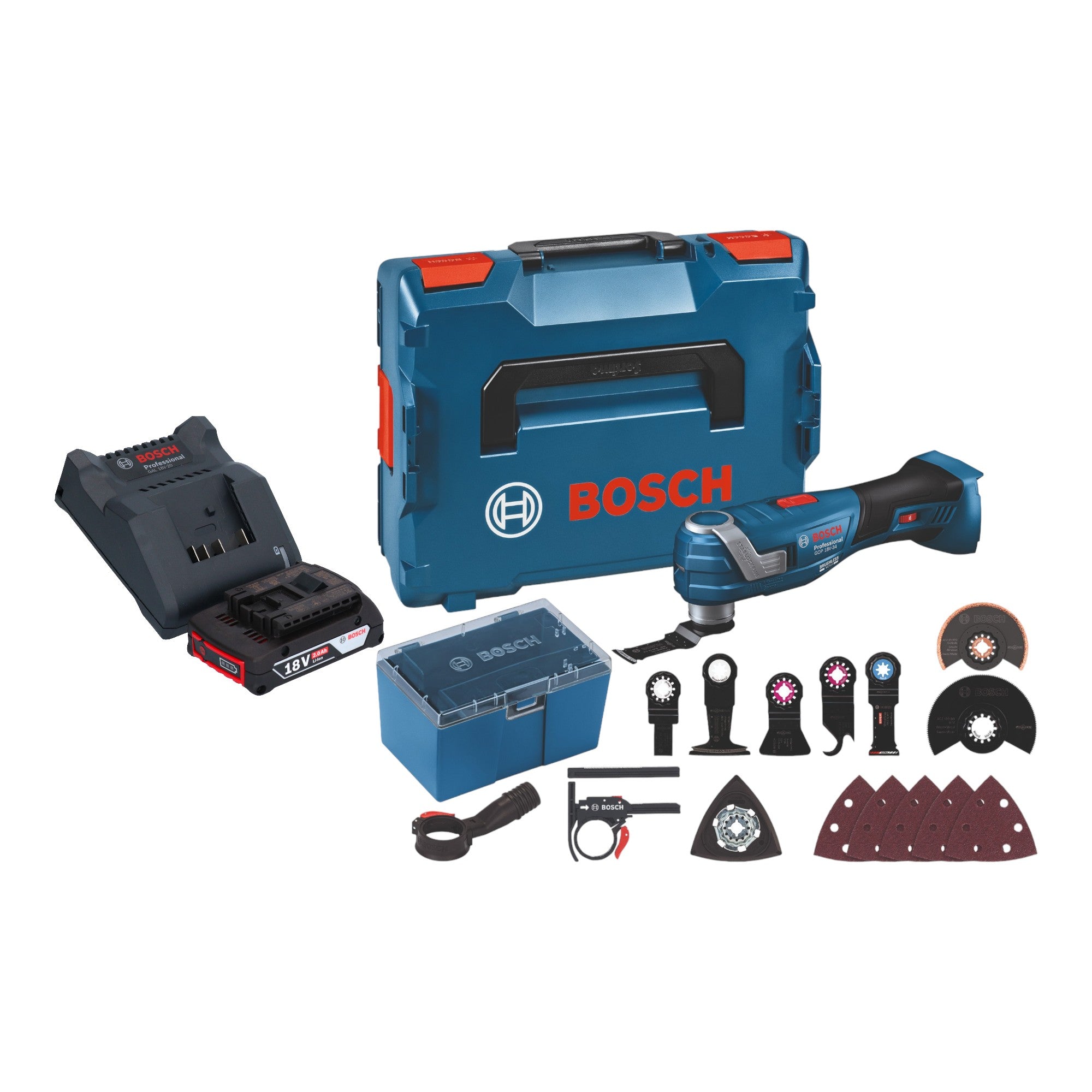 Bosch GOP 18V 34 Professional Akku Multi Cutter 18 V Starlock Plus 1x Akku 2 0 Ah Ladegeraet 17 tlg Zubehoer L Boxx 0 - toolbrothers