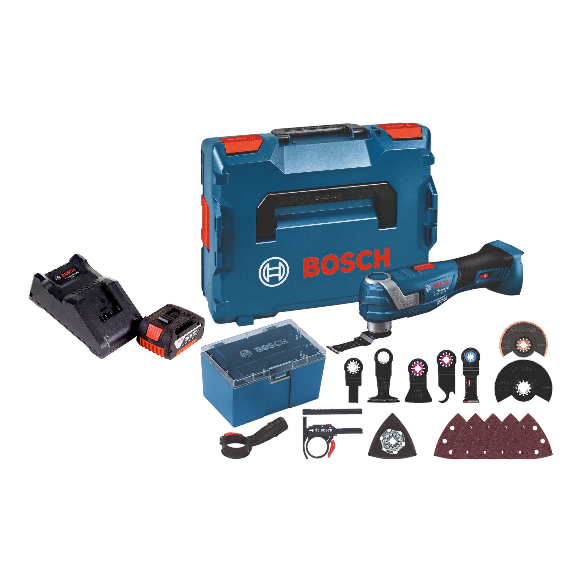 Bosch GOP 18V 34 Professional Akku Multi Cutter 18 V Starlock Plus 1x Akku 3 0 Ah Ladegeraet 17 tlg Zubehoer L Boxx 0 - toolbrothers