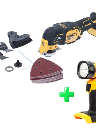 Oscillateur à batterie DeWalt DCS 355 N, outil multifonction 18 V sans balais + kit d'accessoires 29 pièces + lampe à batterie DeWalt DCL 040 18 V XR Li-Ion