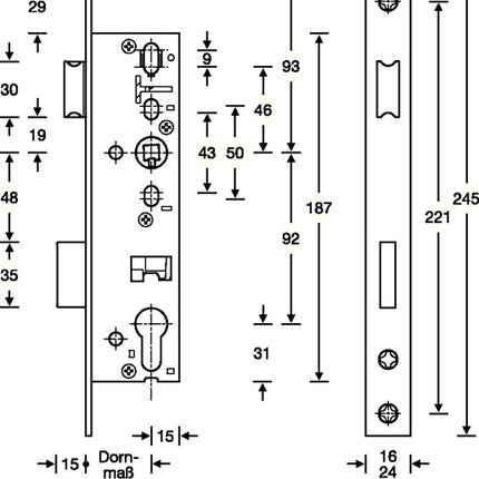 SSF Rohrrahmen-Einsteckschloss ( 3324024269 ) PZW 24/45/92/8 mm DIN links / rechts Riegelausschluss 15 mm 245 mm