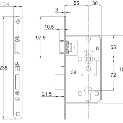 Schnegel Korridor-Einsteckschloss ( 3000259586 ) PZW 20/55/72/8 mm DIN links / rechts 008/1499/55