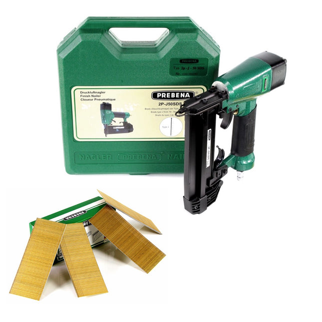 Prebena 2P-J50SDS Luftdruck Druckluftnagler 5-7 bar im Transportkoffer + Prebena Stauchkopfnägel Brads 50 mm 4000 Stück - aus verzinktem Stahl, geharzt - Toolbrothers