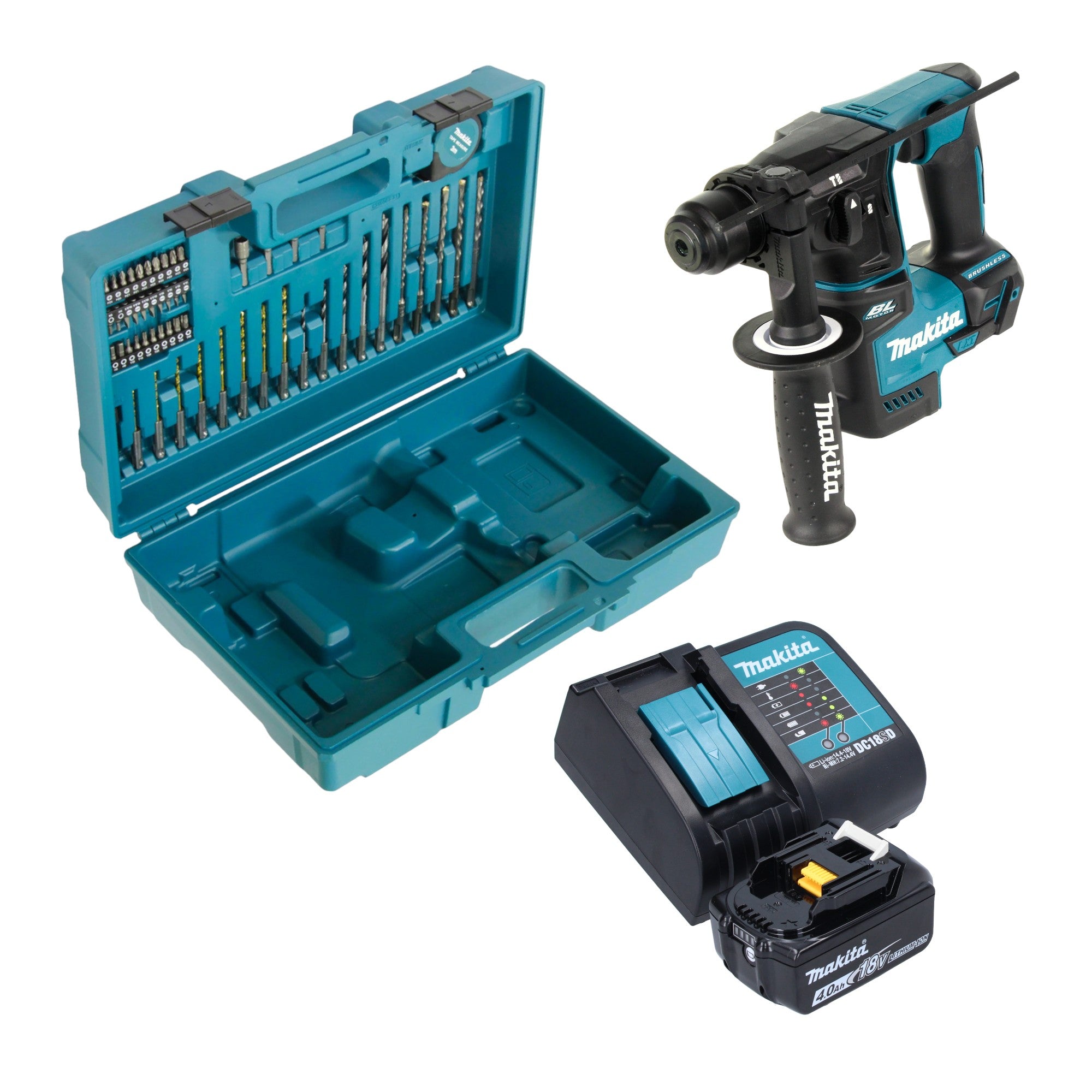 Makita DHR 171 SM1X3 Akku Bohrhammer 18 V 1 2 J SDS Plus Brushless 1x Akku 4 0 Ah Ladegeraet 65 tlg Zubehoer Set Koffer 0 - toolbrothers
