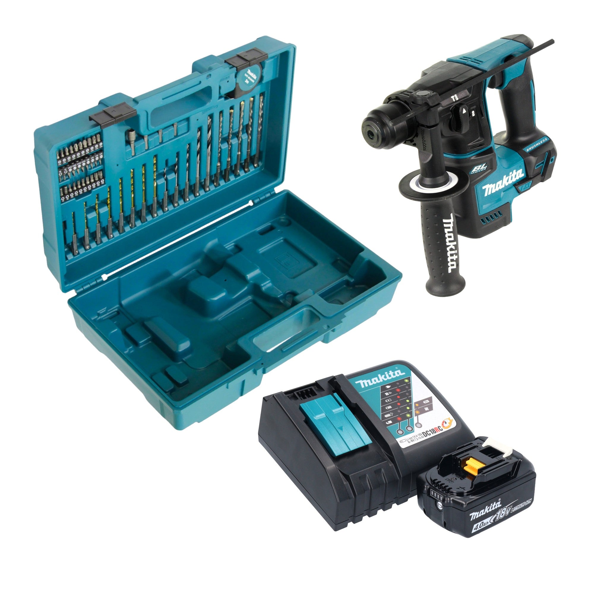 Makita DHR 171 RM1X3 Akku Bohrhammer 18 V 1 2 J SDS Plus Brushless 1x Akku 4 0 Ah Ladegeraet 65 tlg Zubehoer Set Koffer 0 - toolbrothers