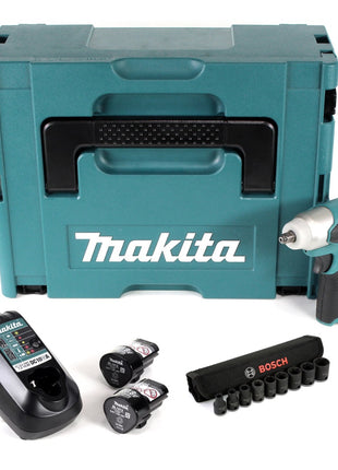 Makita TW 100 DWEJ Akku Schlagschrauber 10,8 V 3/8" im Makpac + 2 x BL1013 1,3 Ah Akku + DC 10 WA Ladegerät + 9 tlg. 3/8" Steckschlüsselset - Toolbrothers