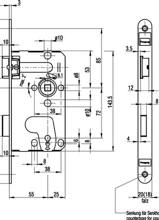 Cerradura de embutir para puerta de habitación BKS 0215 (3000251045) BB 20/55/72/8 mm DIN izquierda plástico clase 1