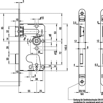 BKS Zimmertür-Einsteckschloss 0215 ( 3000251045 ) BB 20/ 55/72/8 mm DIN links Klasse 1 Kunststoff
