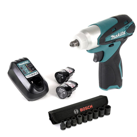 Makita TW 100 DWE Akku Schlagschrauber 10,8 V 3/8" + 2 x BL 1013 1,3 Ah Akku + DC 10 WA Ladegerät + 9 tlg. 3/8" Steckschlüsselset - Toolbrothers