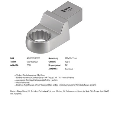 Wera Einsteckringschlüssel 7781 ( 8000377426 ) Schlüsselweite 17 mm 14 x 18 mm