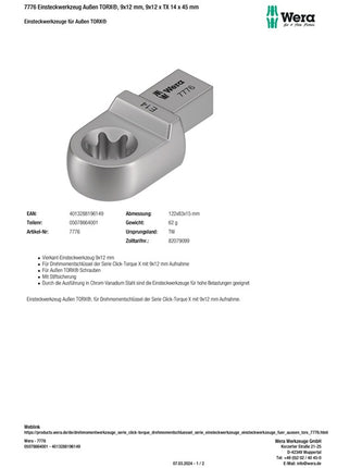 Wera Einsteckschlüssel 7776 ( 8000377440 ) Schlüsselweite TX 14 9 x 12 mm