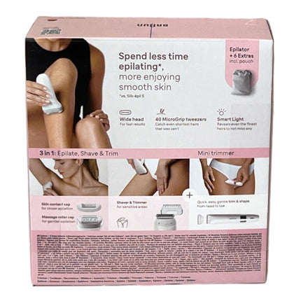 BRAUN Silk Epil 7-441 Epilierer Damen Haarentferner für langanhaltende Haarentfernung + Trimmeraufsatz + Mini-Rasierer Weiß / Silber