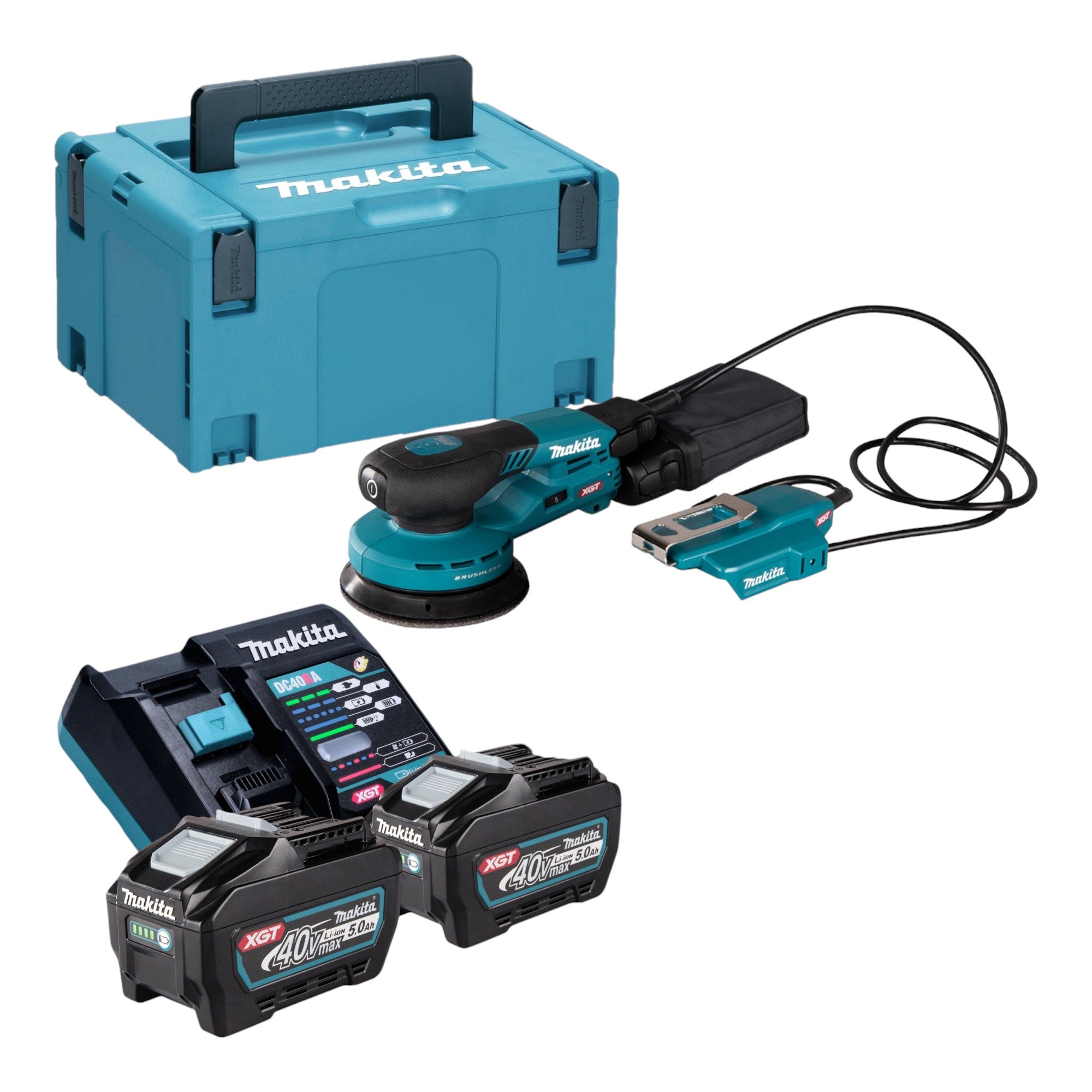 Makita BO 003 CGT201 Akku Exzenterschleifer 40 V max 125 mm 3 0 mm Hub Brushless 2x Akku 5 0 Ah Ladegeraet Makpac 0 - toolbrothers