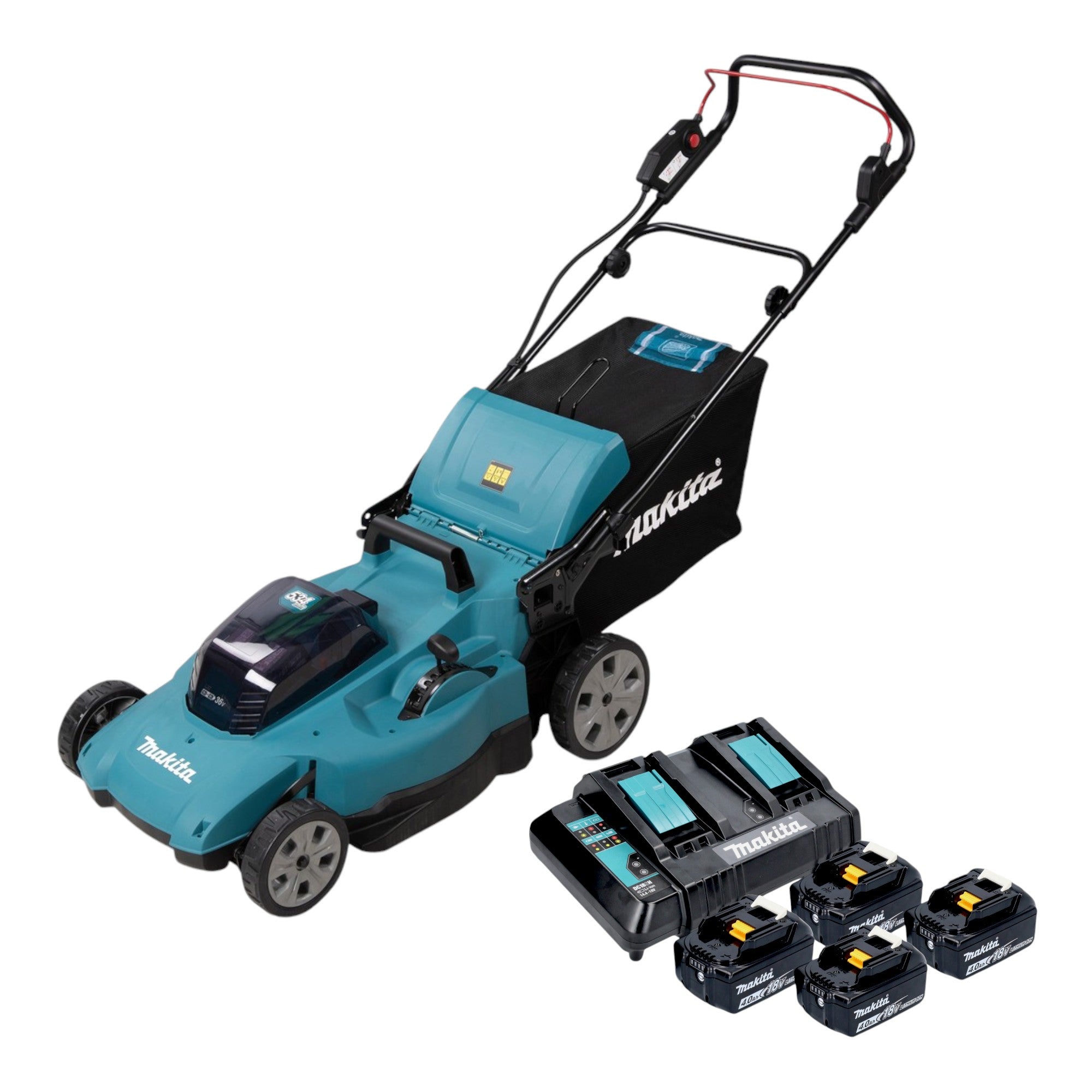 Makita DLM 538 CM4 Akku Rasenmaeher 36 V 2x 18 V 530 mm 4x Akku 4 0 Ah Ladegeraet 0 - toolbrothers