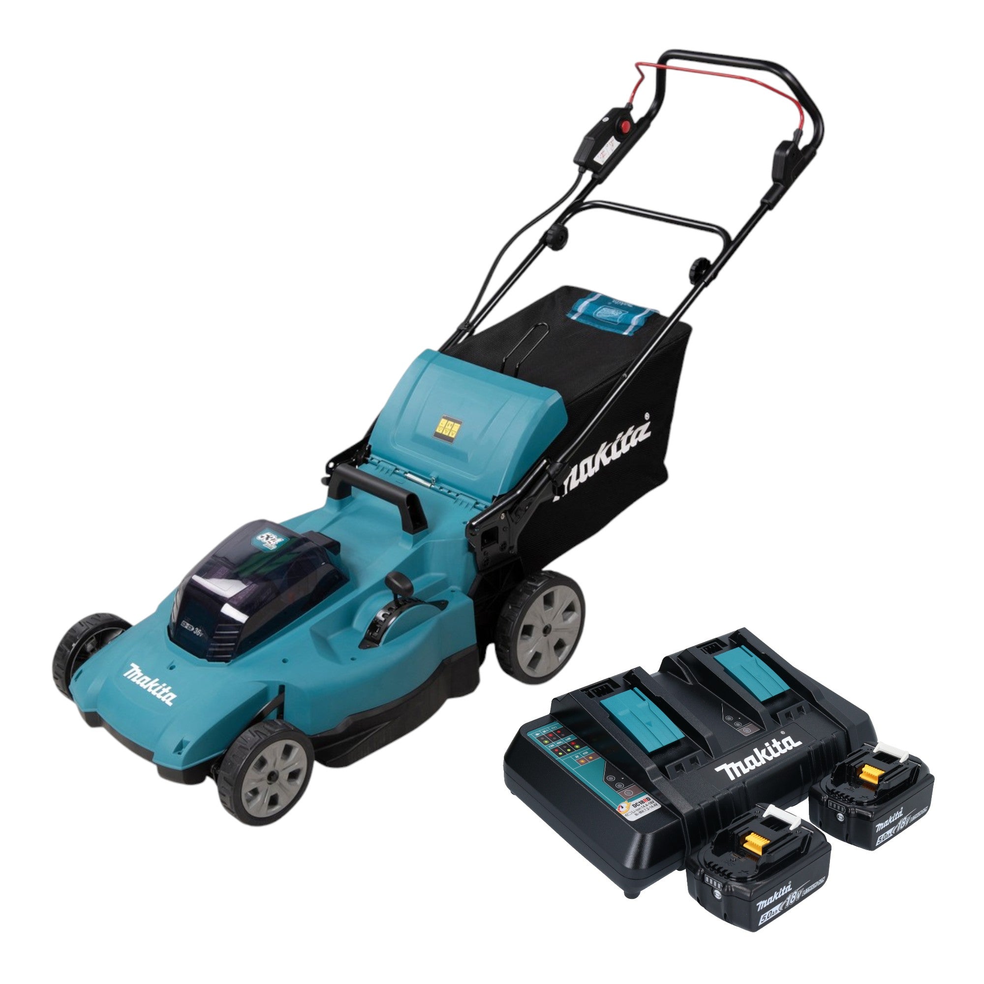 Makita DLM 538 PT2 Akku Rasenmaeher 36 V 2x 18 V 530 mm 2x Akku 5 0 Ah Ladegeraet 0 - toolbrothers