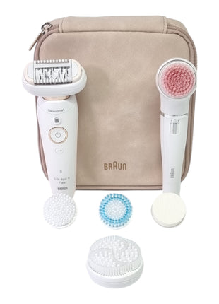 BRAUN Silk-épil 9 Flex 9-100 Beauty-Set Epilierer Damen / Haarentferner + FaceSpa Gesichtsreinigungsbürste + 9 Aufsätze + Tasche weiß / gold