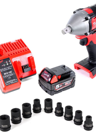 Milwaukee M18 BIW12-0 18V Akku Schlagschrauber + 1x Akku 5,0Ah + Ladegerät + 9 tlg. Stecknüsse-Set - Toolbrothers