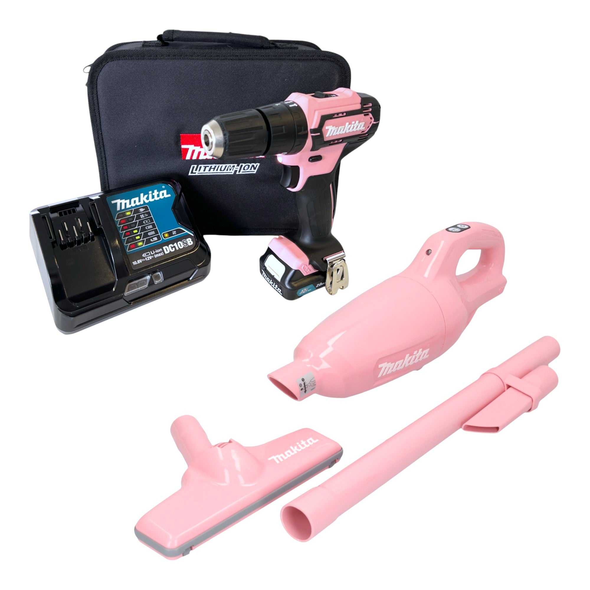 Makita HP 333 DSAP1 Akku Schlagbohrschrauber 12 V 30 Nm Pink CL 108 FDZP Akku Staubsauger 1x Akku 2 0 Ah Ladegeraet Tasche 0 - toolbrothers