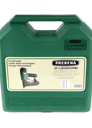 Prebena Druckluftnagler 2P-J/ES 40 COMBI 5 bis 7 Bar - im Transportkoffer + Prebena J 30 CNKHA Stauchkopfnägel Brads 30mm 5000 Stück - Toolbrothers