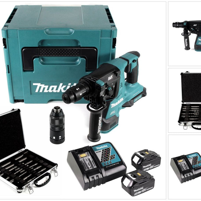 Makita DHR 281 RTJ 2 x 18 V Li-Ion Akku Bohrhammer Brushless 28 mm für SDS-PLUS mit Schnellwechselfutter im Makpac + 2 x 5,0 Ah Akku + Ladegerät + 11 tlg. Meißel- und Bohrer Set - Toolbrothers