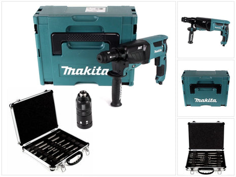 Makita HR 2631 FTJ  800 W Kombihammer mit SDS Plus Bohrfutter und Schnellspannbohrfutter im Makpac + Bosch Meißel und Bohrer Set 11 tlg. für SDS-Plus in Alukoffer - Toolbrothers