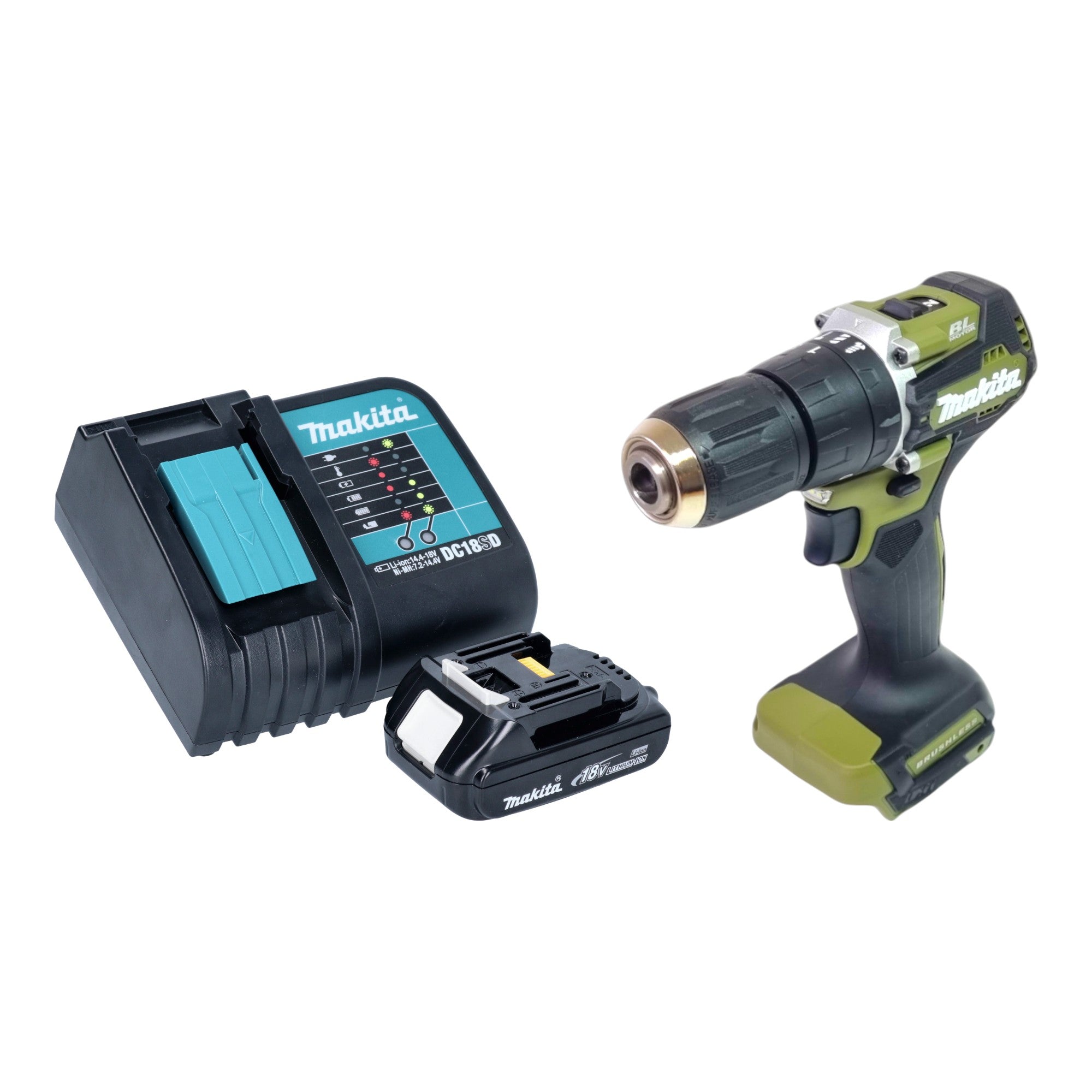 Makita DHP 487 SY1O Akku Schlagbohrschrauber 18 V 40 Nm Brushless Olive Outdoor Adventure Serie 1x Akku 1 5 Ah Ladegeraet 0 - toolbrothers