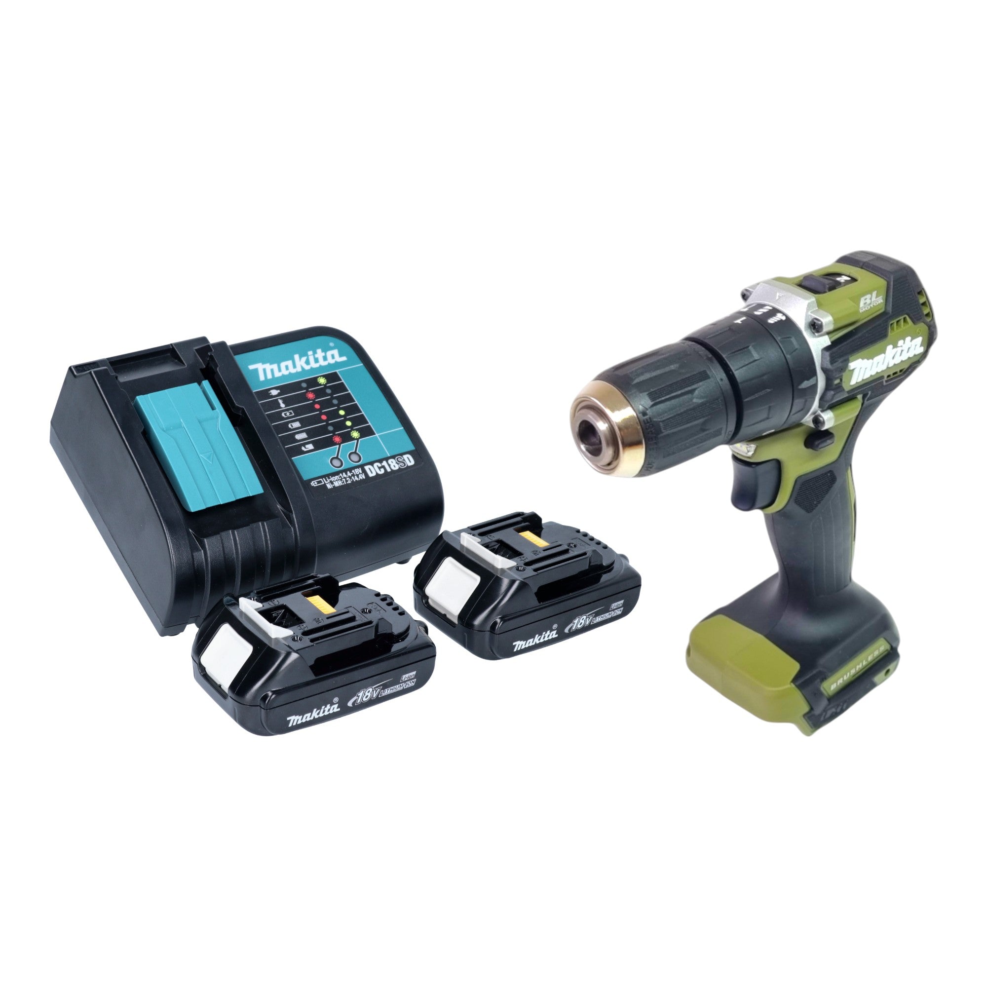 Makita DHP 487 SYO Akku Schlagbohrschrauber 18 V 40 Nm Brushless Olive Outdoor Adventure Serie 2x Akku 1 5 Ah Ladegeraet 0 - toolbrothers
