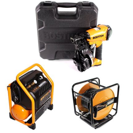 Bostitch RN46K-2-E Druckluft Nagler + RC10SQ-E Baustellen Kompressor 9,4 Liter + Druckluftschlauch 30m + Koffer - Toolbrothers