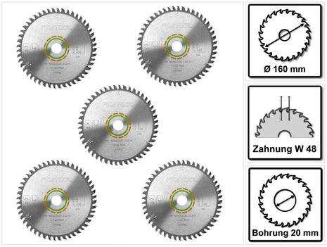 Festool Feinzahn Kreissägeblatt HW 160 x 20 x 2,2 mm W48 160 mm 48 Zähne ( 5 x 491952 ) - Toolbrothers