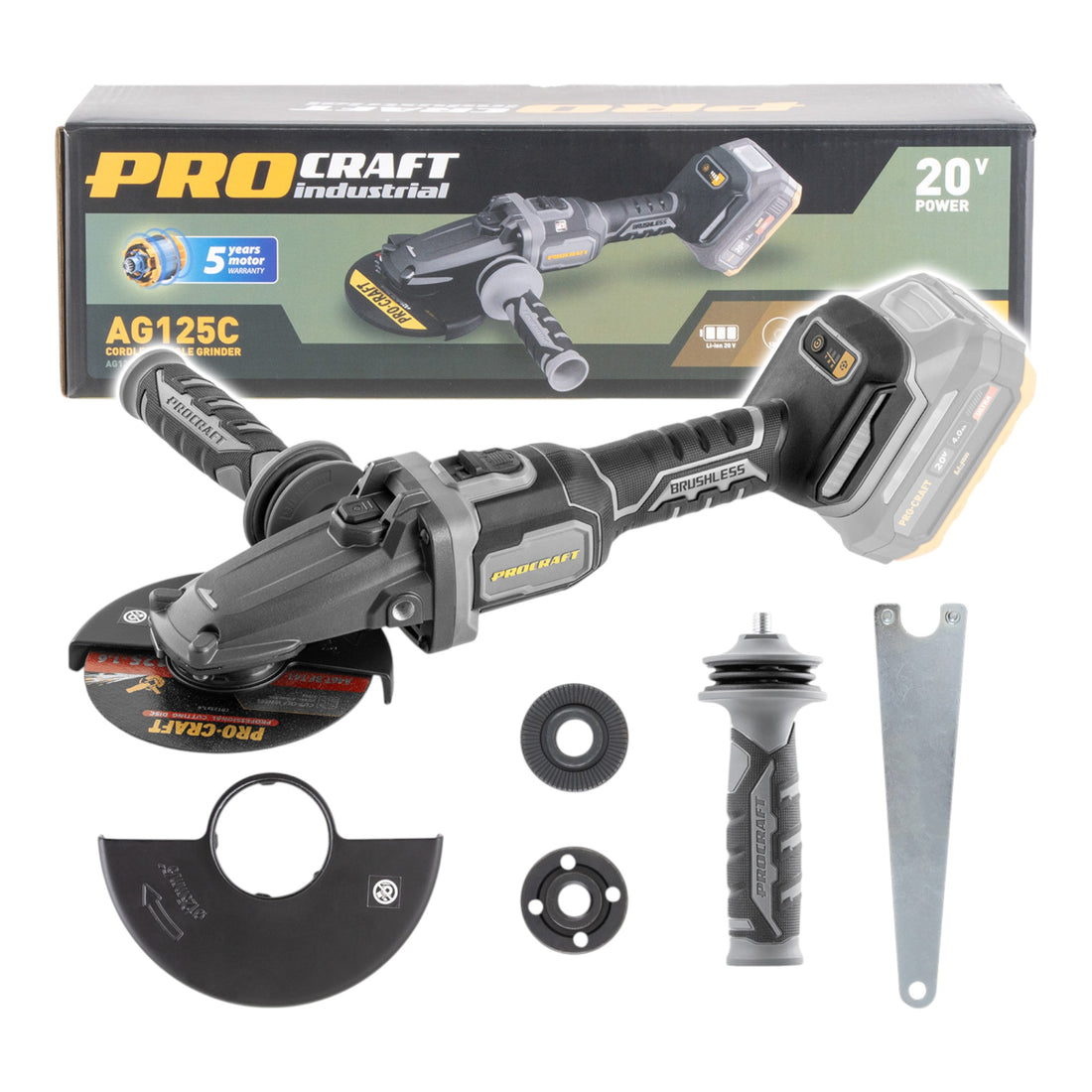 Procraft Industrial AG125Cbb Akku Flachkopf Winkelschleifer 20 V 125 mm Brushless Solo - ohne Akku, ohne Ladegerät