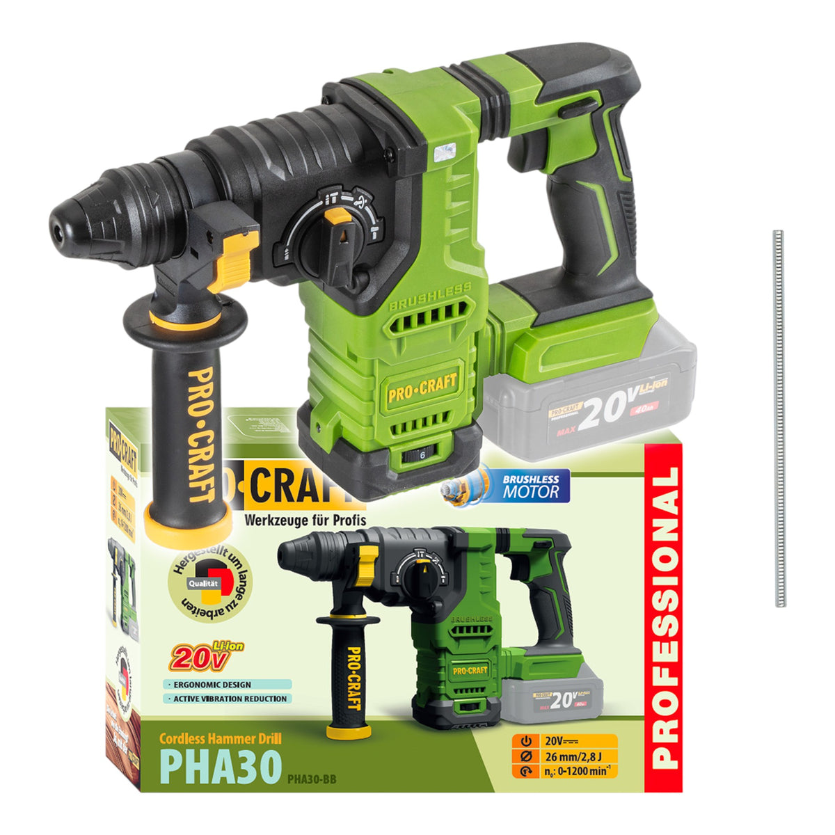 Procraft PHA30bb Akku Bohrhammer 20 V 2,8 J SDS plus Brushless Solo - ohne Akku, ohne Ladegerät
