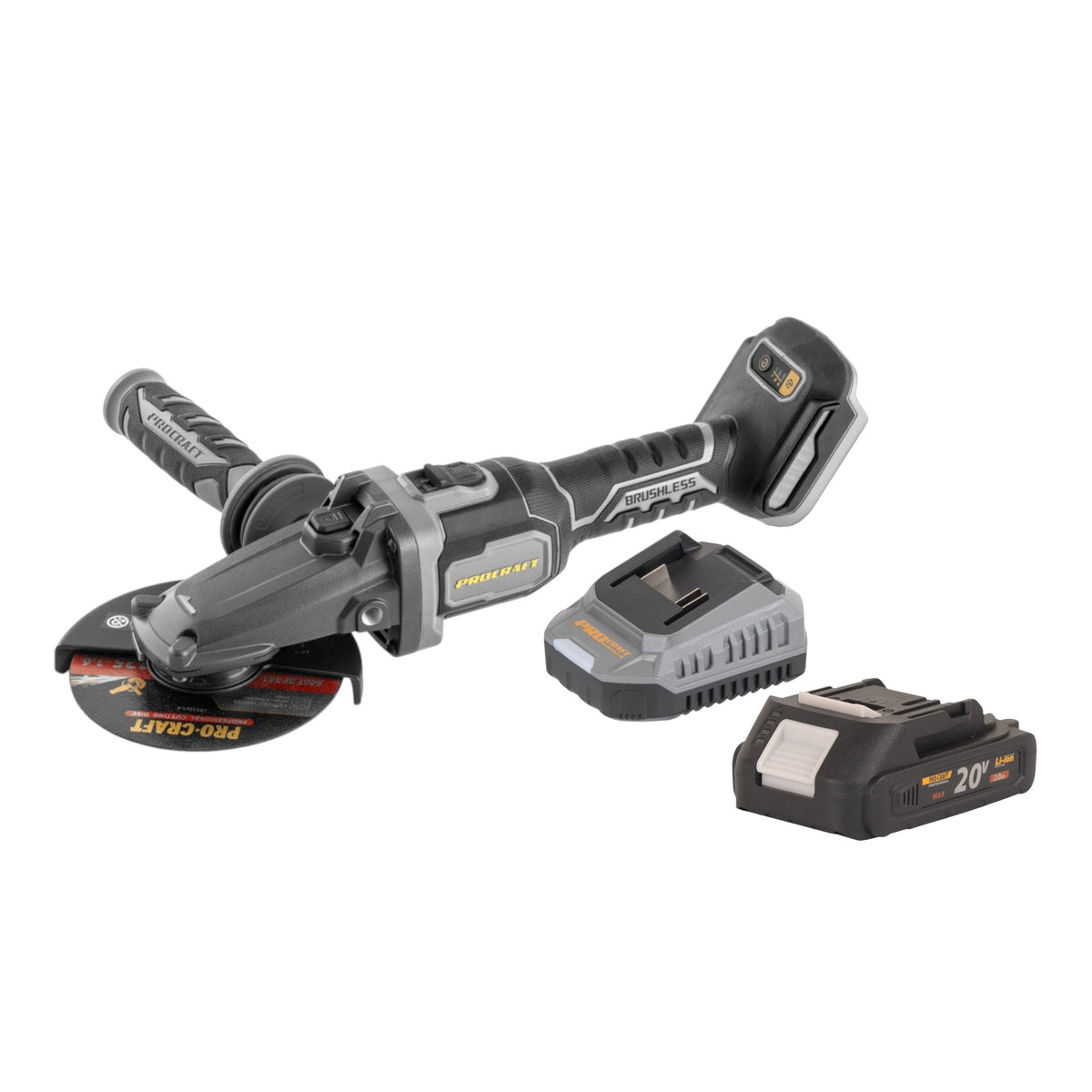 Procraft Industrial AG125Cbb Akku Flachkopf Winkelschleifer 20 V 125 mm Brushless + 1x Akku 2,0 Ah + Ladegerät