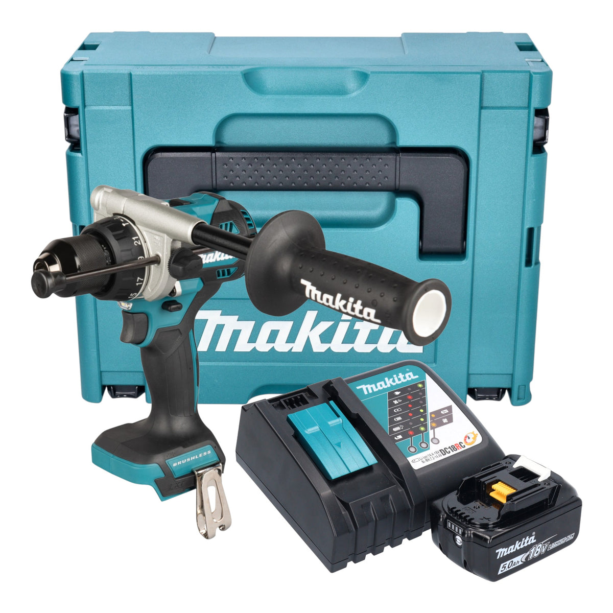 Makita DHP 492 RT1J Akku Schlagbohrschrauber 18 V 141 Nm Brushless + 1x Akku 5,0 Ah + Ladegerät + Makpac