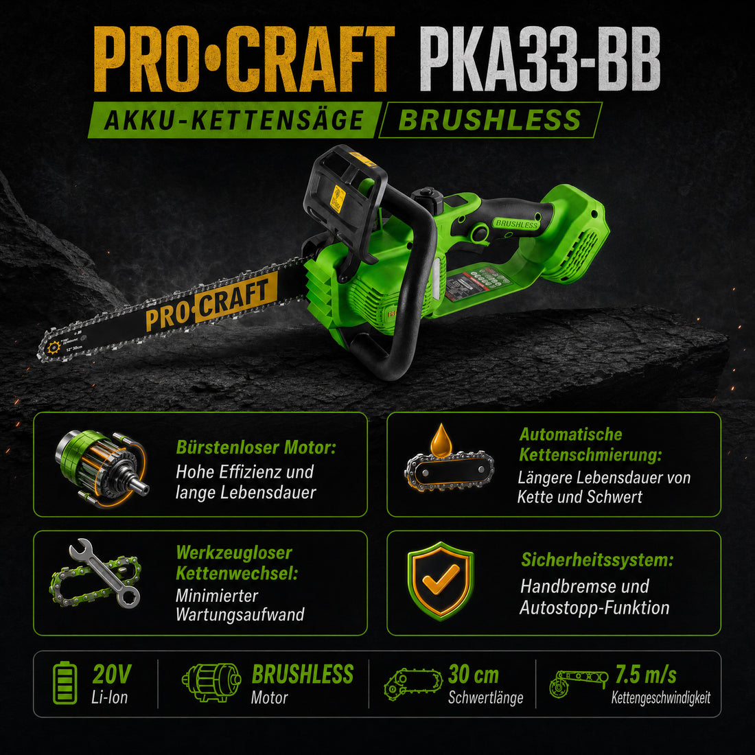 Procraft PKA33-BB Akku Kettensäge 20 V 304 mm Brushless Solo - ohne Akku, ohne Ladegerät