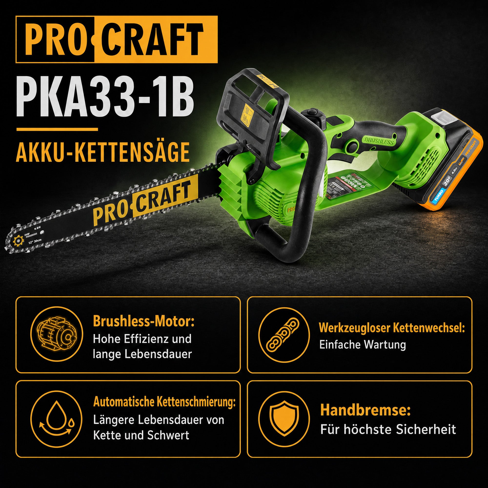 Procraft PKA33 1B Akku Kettensaege 20 V 304 mm Brushless 1x Akku 4 0 Ah Ladegeraet 1 - toolbrothers
