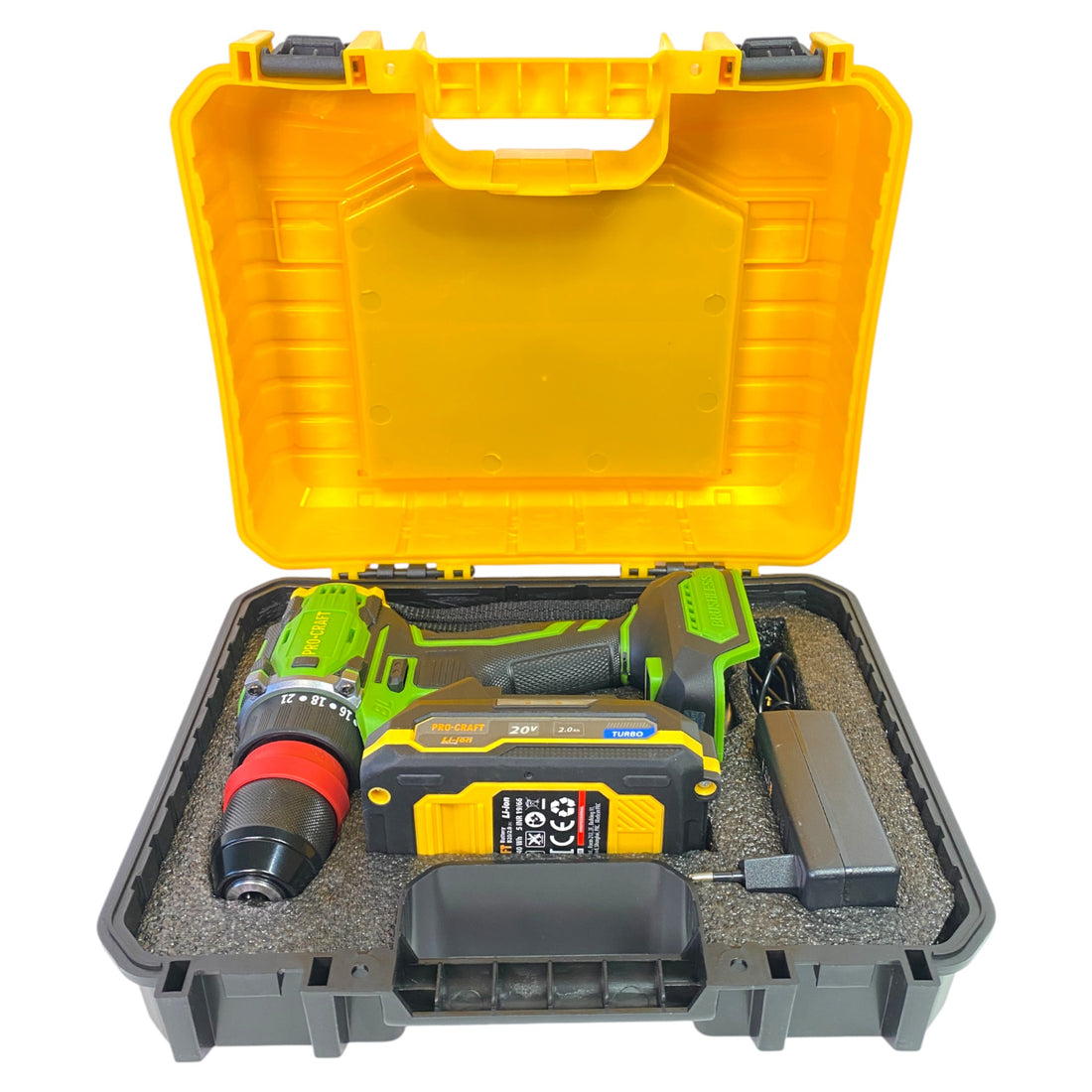 Procraft PA18ProDFR2-1B-C Akku Bohrschrauber 20 V 30 Nm Brushless + 1x Akku 2,0 Ah + Ladegerät + 13 tlg. Bit Set + Koffer