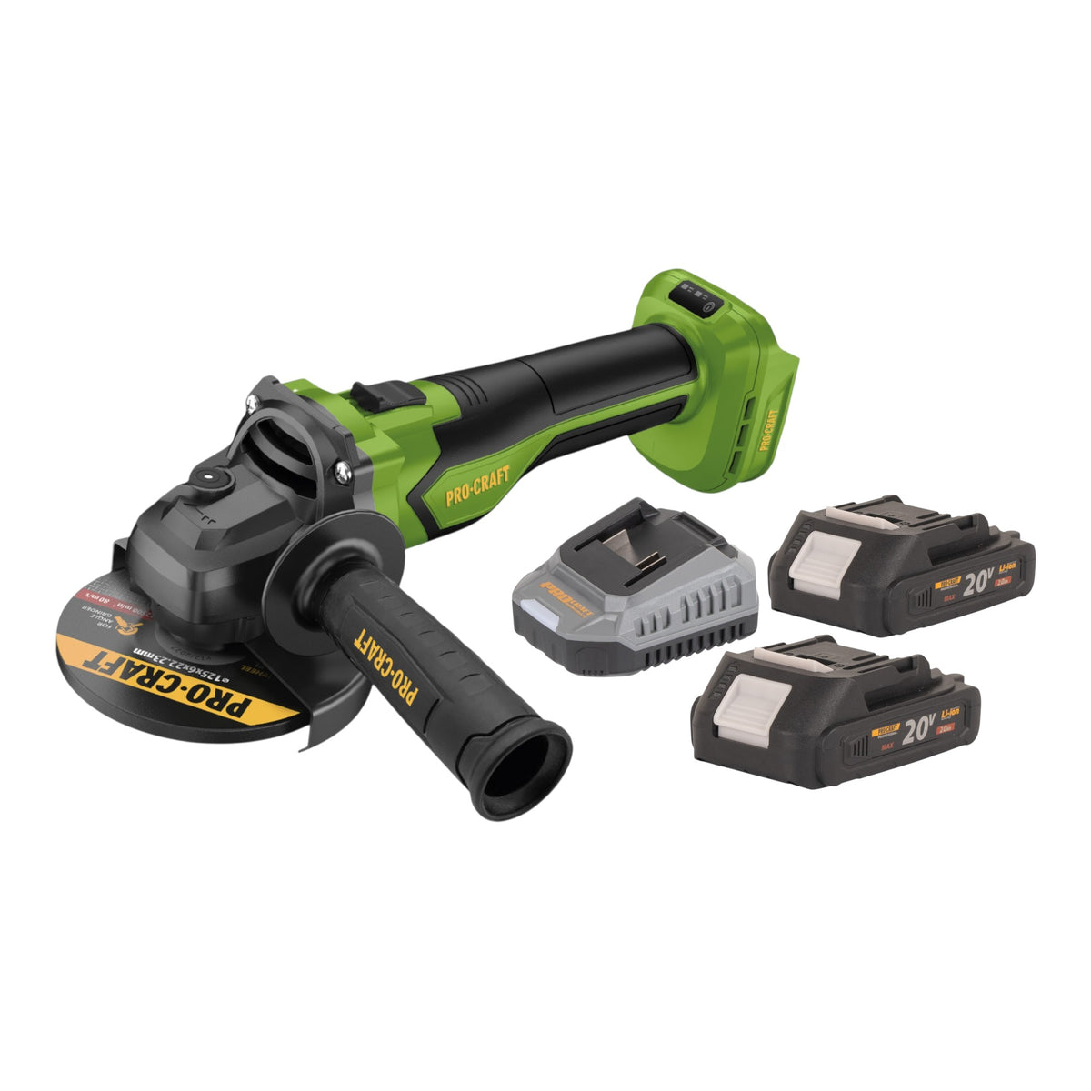 Procraft PGA22-BB Akku Winkelschleifer 20 V 125 mm Brushless + 2x Akku 2,0 Ah + Ladegerät