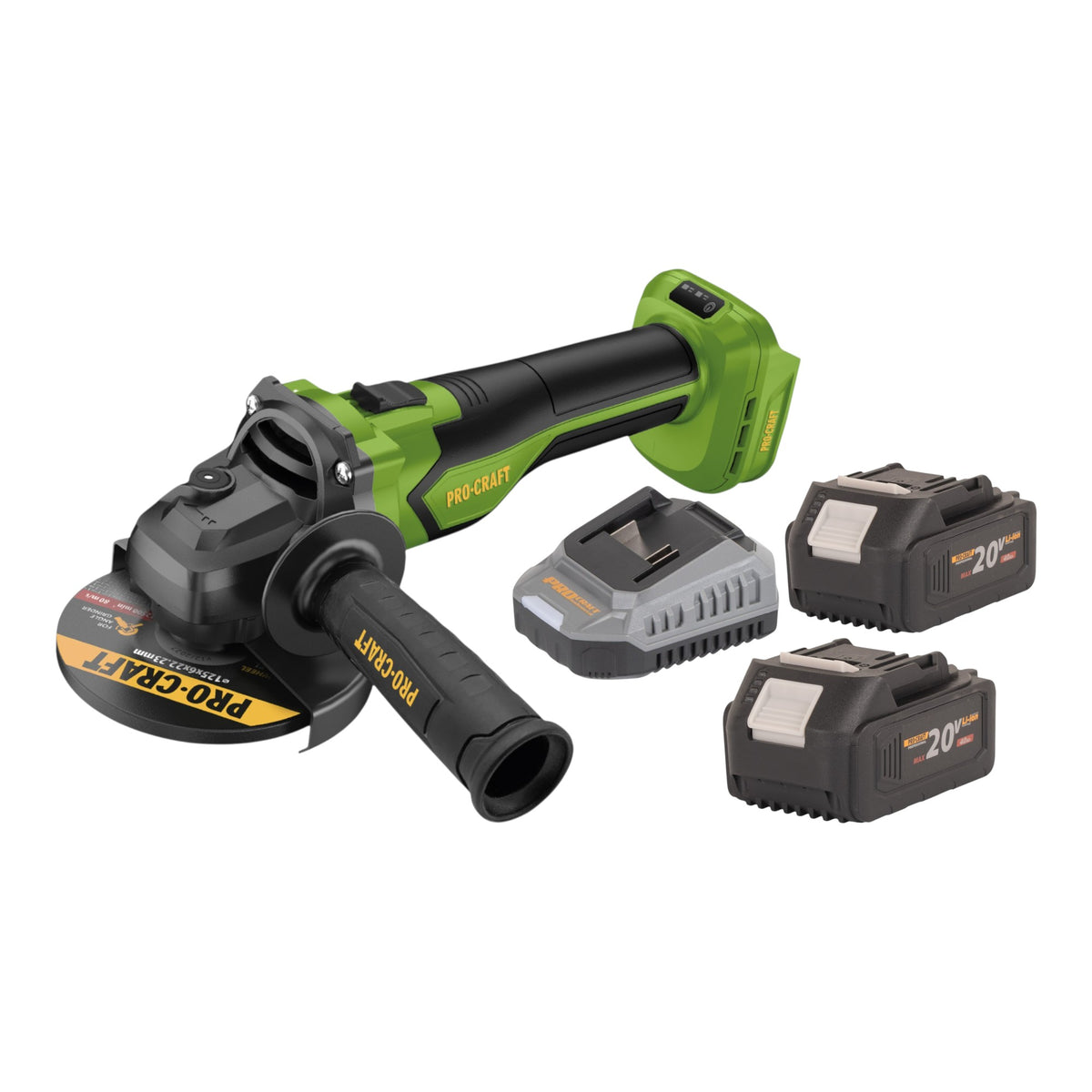 Procraft PGA22-BB Akku Winkelschleifer 20 V 125 mm Brushless + 2x Akku 4,0 Ah + Ladegerät