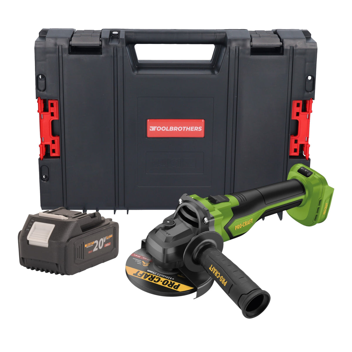 Procraft PGA22-BB Akku Winkelschleifer 20 V 125 mm Brushless + 1x Akku 4,0 Ah + RHINO Toolcase - ohne Ladegerät