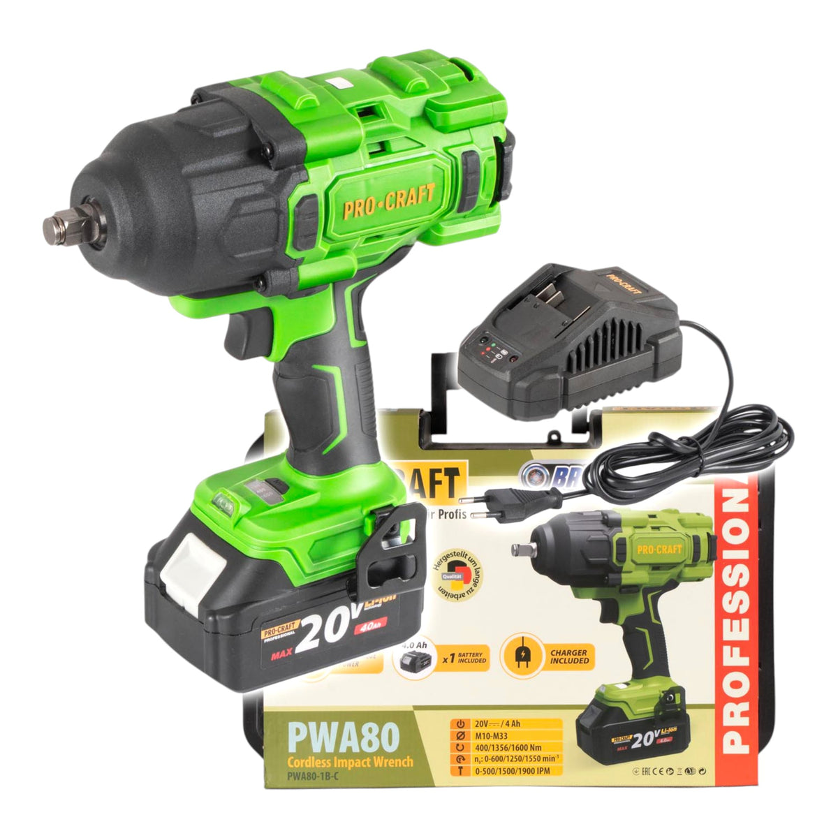 Procraft PWA80-1B-C Akku Schlagschrauber 20 V 1600 Nm 1/2" Brushless + 1x Akku 4,0 Ah + Ladegerät + Koffer