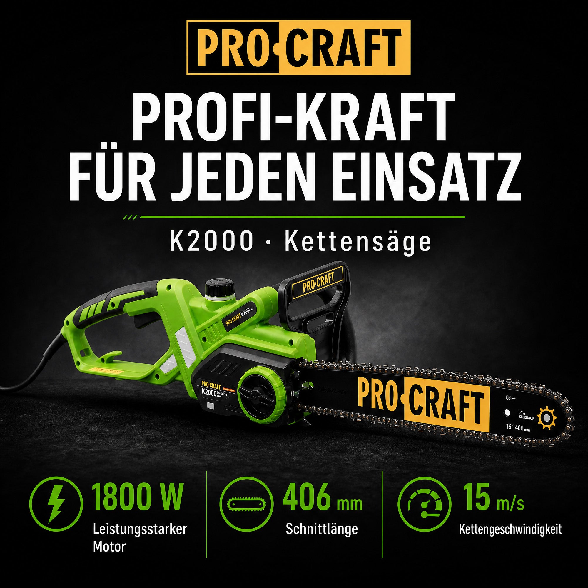 Procraft K2000 Kettensaege 1800 Watt 406 mm Schnittlaenge 1 - toolbrothers