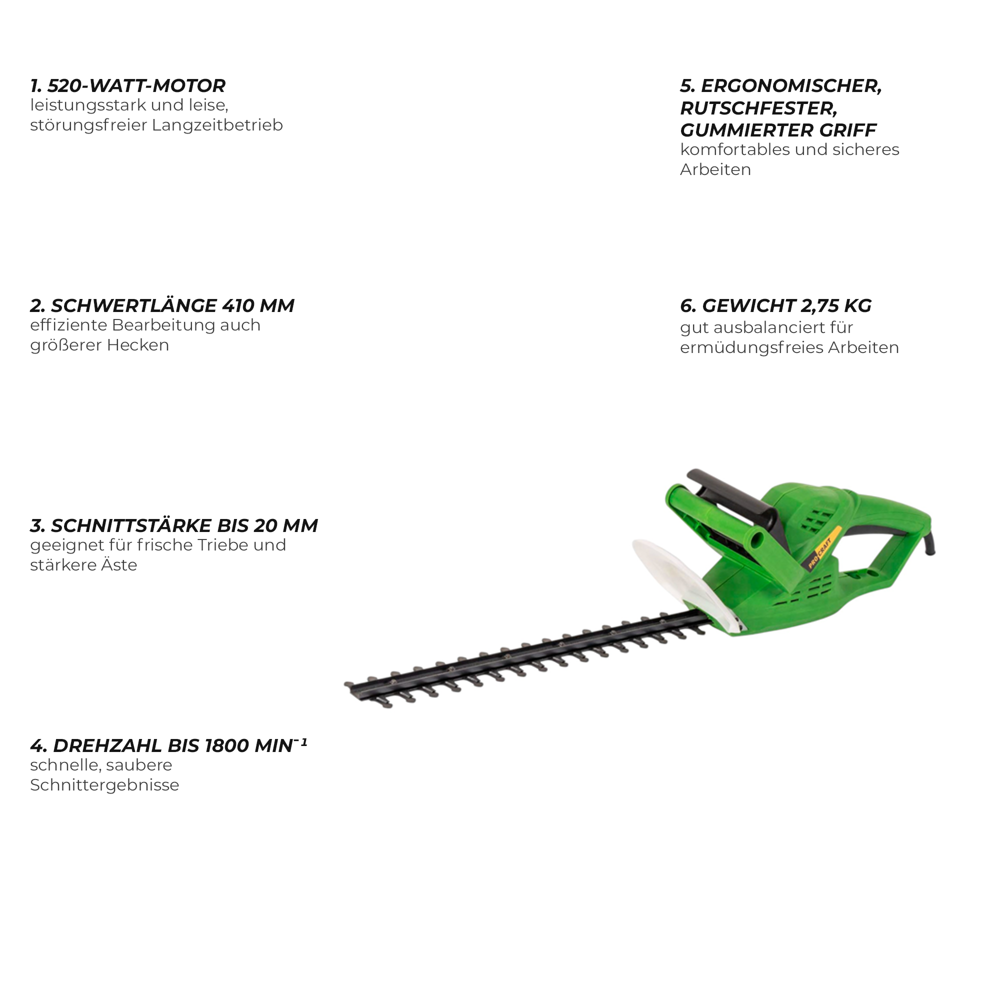 Procraft PT520 Heckenschere 520 Watt 410 mm Schnittlaenge 20 mm Schnittstaerke 4 - toolbrothers