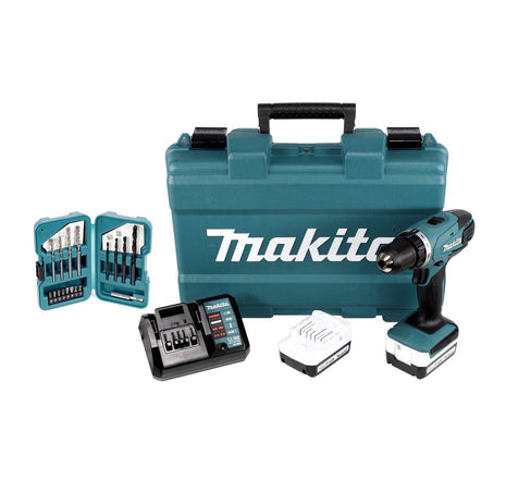 Makita DF 347 DWE 14.4V Li-ion Akku Bohrschrauber mit 2 x 1,5 Ah Akku und Ladegerät + Makita D-40216 Bit & Bohrer Set 17 tlg. im Kunststoffkoffer - Toolbrothers