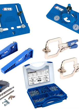 KREG Möbelbau-Set mit Cabinet Hardware Jig ( KHI-PULL ) + Concealed Hinge Jig ( KHI-HINGE ) + 2 x Schnellspannzwingen ( KHC-PREMIUM ) + Drawer Slide Jig ( KHI-SLIDE ) + R3 + Schraubensortiment ( SK03 ) - Toolbrothers