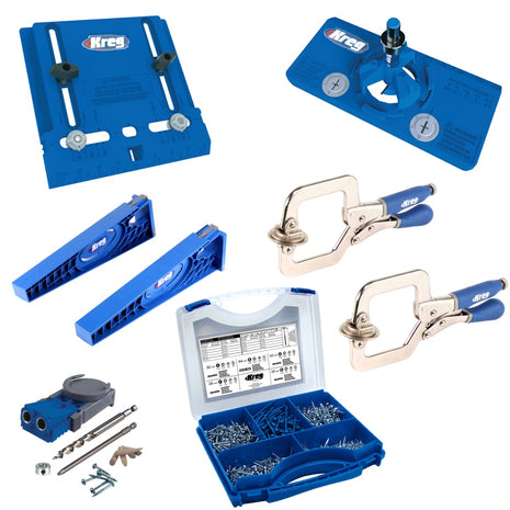 KREG Möbelbau-Set mit Cabinet Hardware Jig ( KHI-PULL ) + Concealed Hinge Jig ( KHI-HINGE ) + 2 x Schnellspannzwingen ( KHC-PREMIUM ) + Drawer Slide Jig ( KHI-SLIDE ) + R3 + Schraubensortiment ( SK03 ) - Toolbrothers