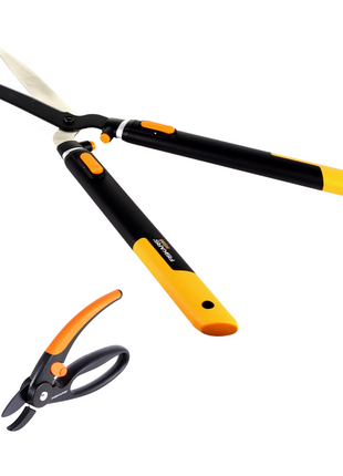 Fiskars Set 1x Teleskop Heckenschere HS86 68 cm auf 93 cm + 1x P43 Amboss Gartenschere Fingerloop - Toolbrothers